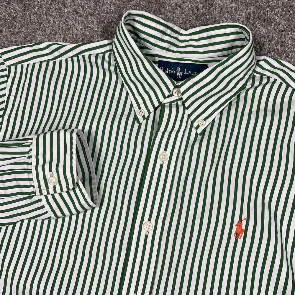 Vintage Polo Ralph Lauren Mens Green Shirt Striped Classic Fit Button Down Large